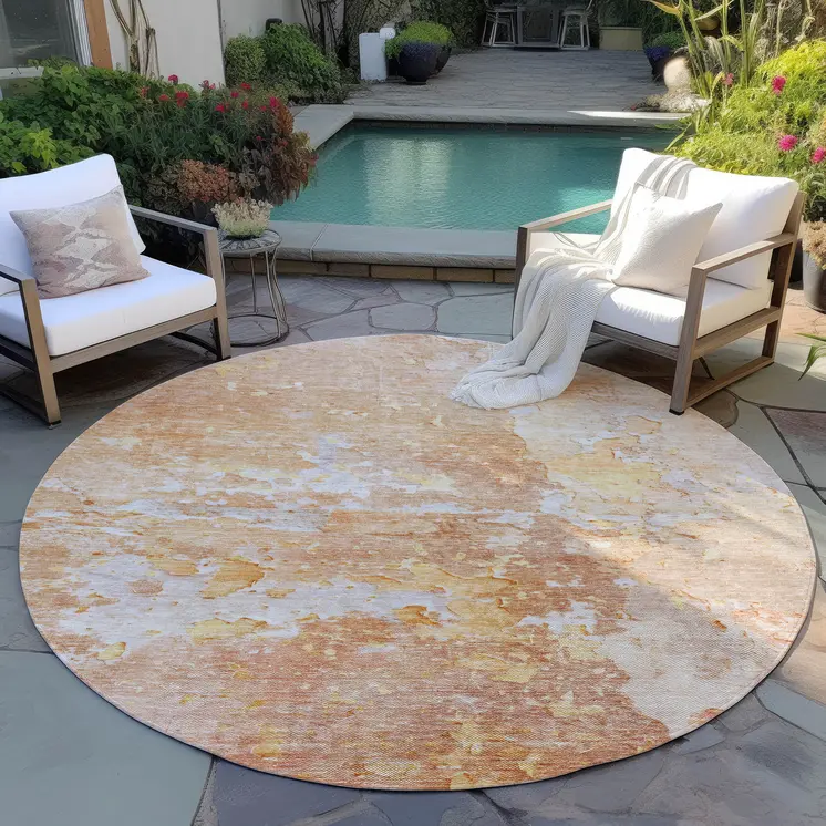 8' Salmon Round Abstract Washable Indoor Outdoor Area Rug