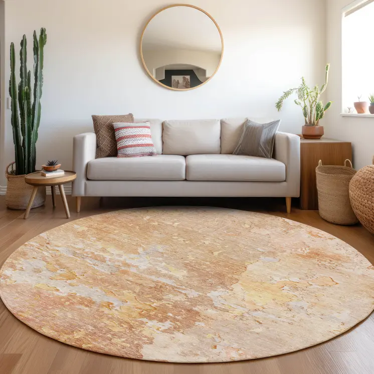8' Salmon Round Abstract Washable Indoor Outdoor Area Rug