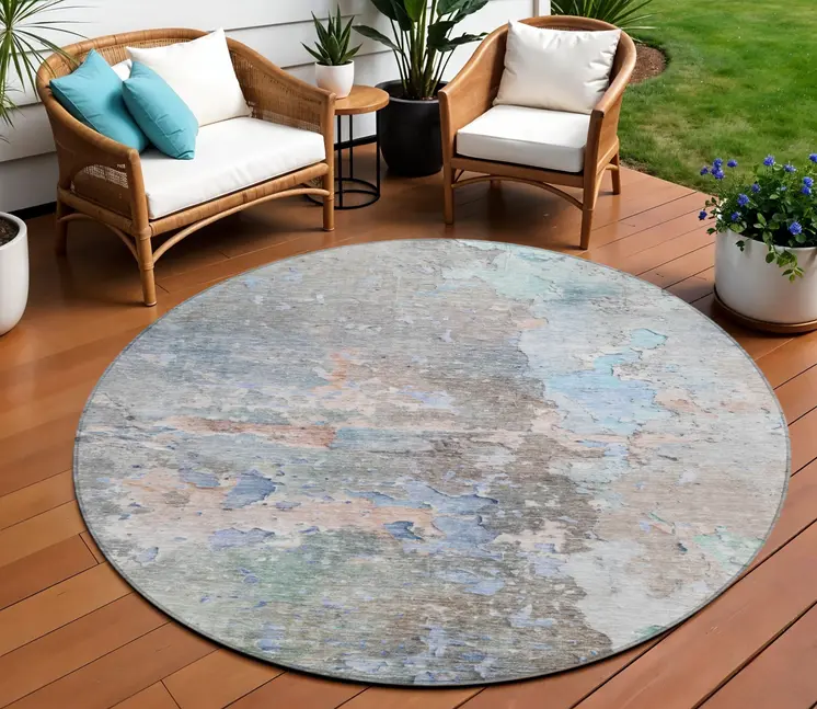 8' Taupe Round Abstract Washable Indoor Outdoor Area Rug