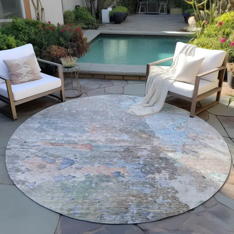 8' Taupe Round Abstract Washable Indoor Outdoor Area Rug