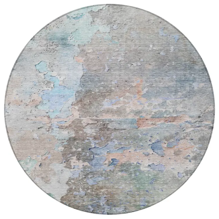8' Taupe Round Abstract Washable Indoor Outdoor Area Rug