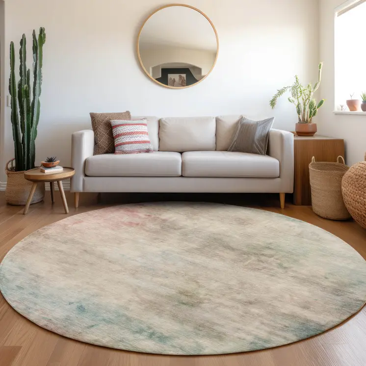 8' Taupe Round Abstract Washable Indoor Outdoor Area Rug