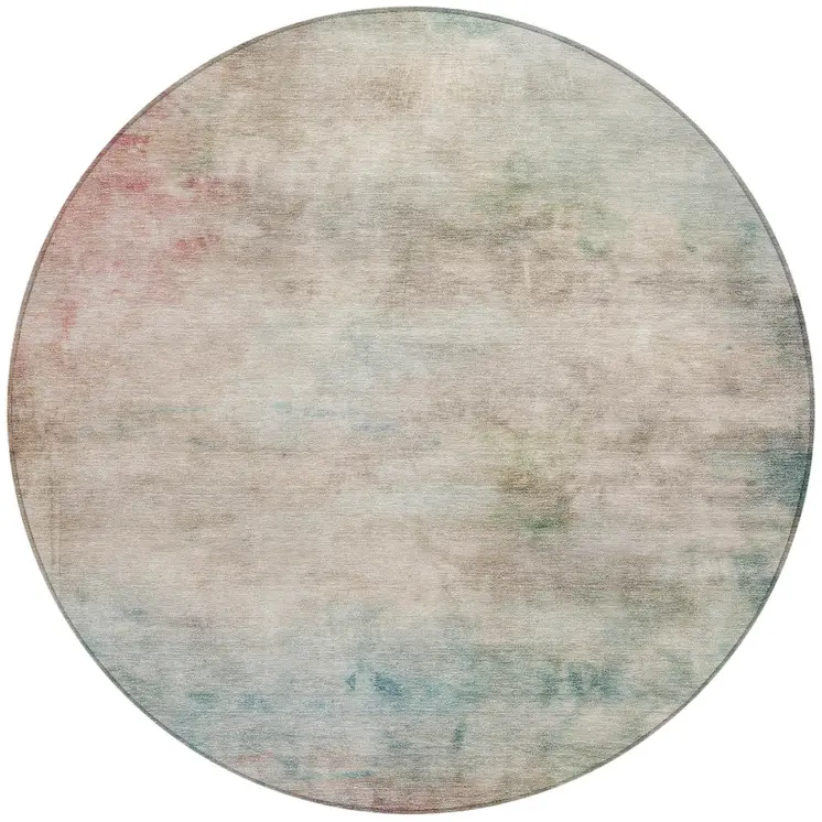 8' Taupe Round Abstract Washable Indoor Outdoor Area Rug
