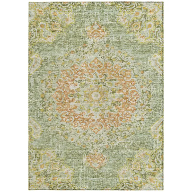 5' X 8' Artichoke Green Floral Medallion Washable Indoor Outdoor Area Rug