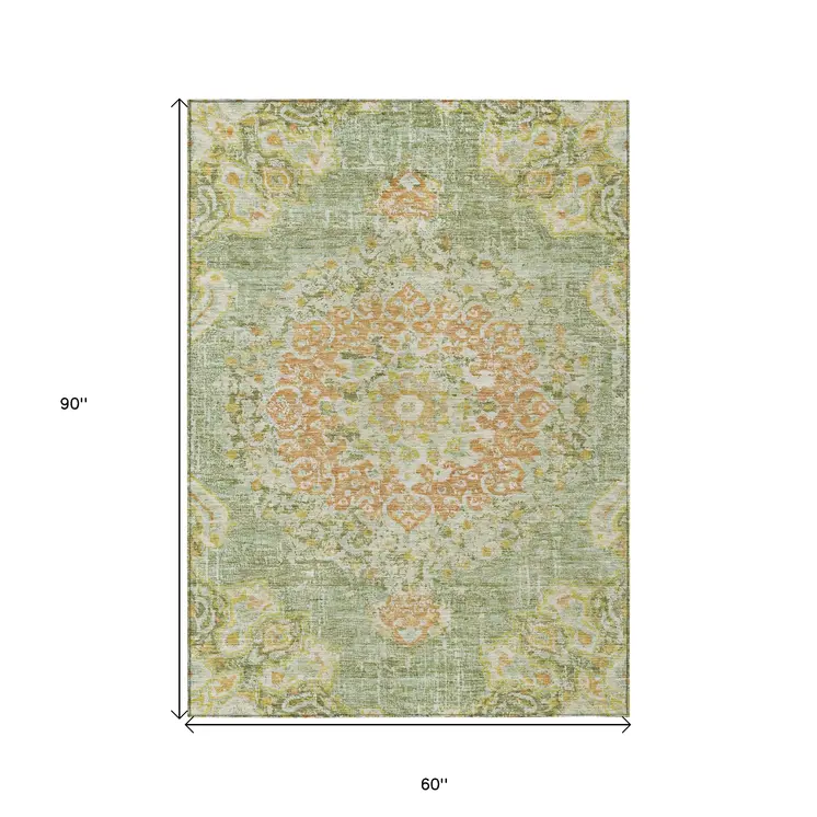 5' X 8' Artichoke Green Floral Medallion Washable Indoor Outdoor Area Rug