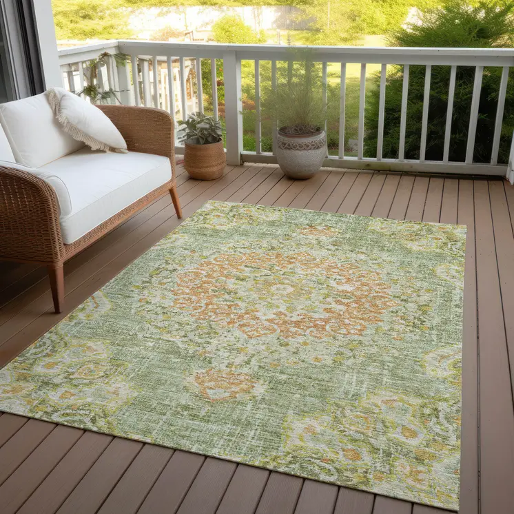 5' X 8' Artichoke Green Floral Medallion Washable Indoor Outdoor Area Rug