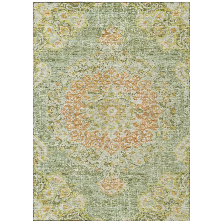 5' X 8' Artichoke Green Floral Medallion Washable Indoor Outdoor Area Rug