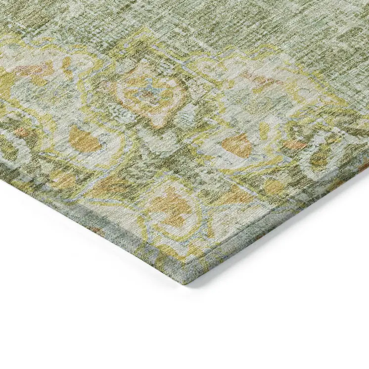 5' X 8' Artichoke Green Floral Medallion Washable Indoor Outdoor Area Rug