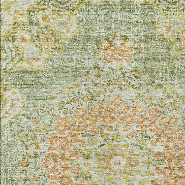 5' X 8' Artichoke Green Floral Medallion Washable Indoor Outdoor Area Rug