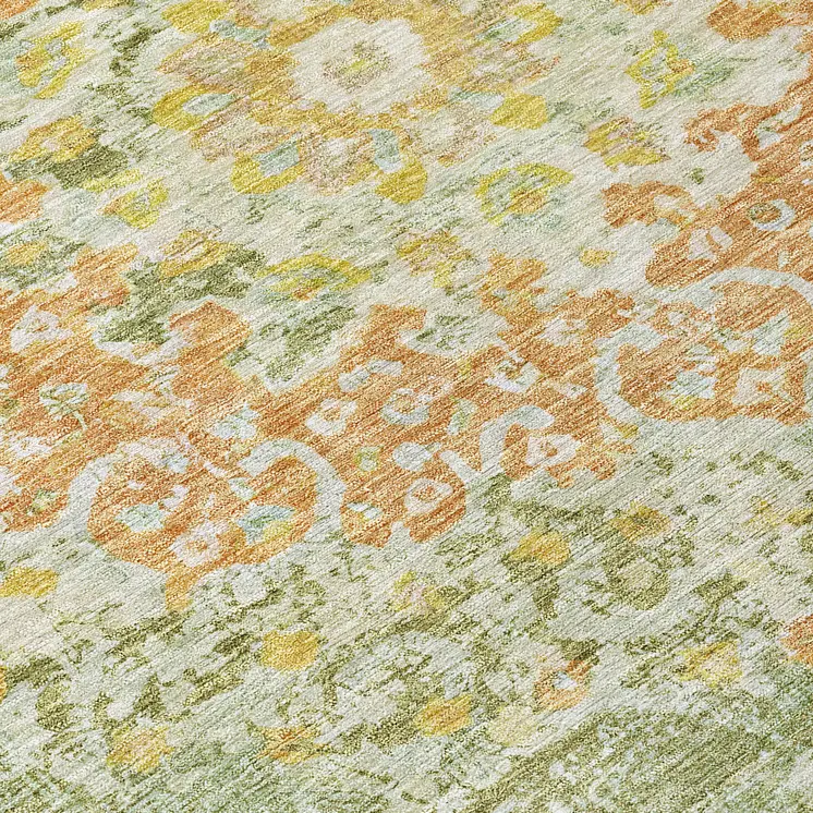 5' X 8' Artichoke Green Floral Medallion Washable Indoor Outdoor Area Rug