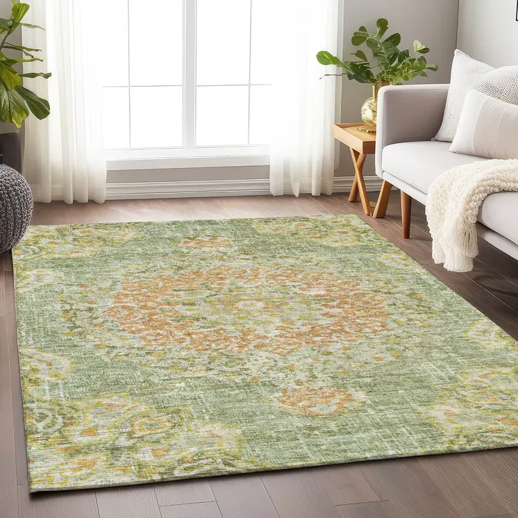 5' X 8' Artichoke Green Floral Medallion Washable Indoor Outdoor Area Rug
