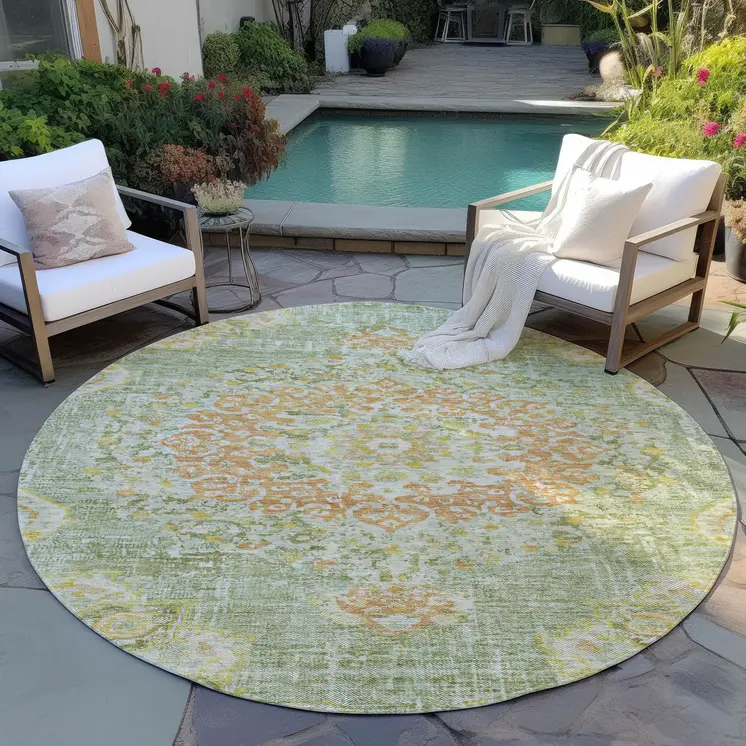 8' Artichoke Green Round Floral Medallion Washable Indoor Outdoor Area Rug