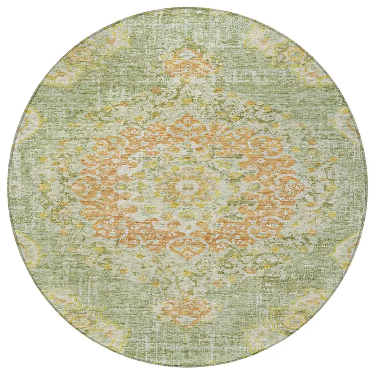 8' Artichoke Green Round Floral Medallion Washable Indoor Outdoor Area Rug