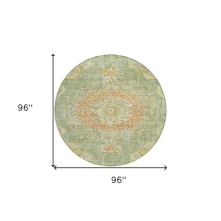 8' Artichoke Green Round Floral Medallion Washable Indoor Outdoor Area Rug