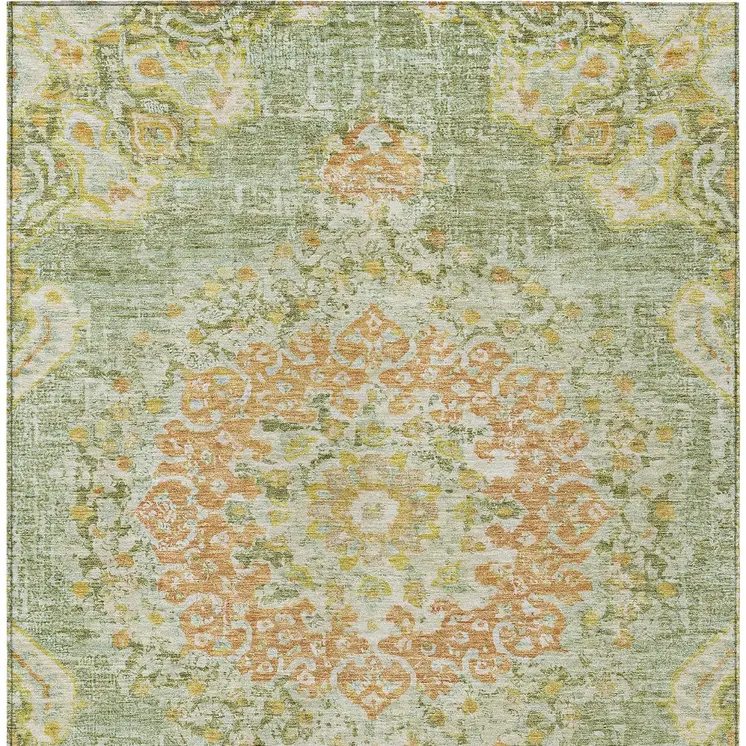 9' X 12' Artichoke Green Floral Medallion Washable Indoor Outdoor Area Rug