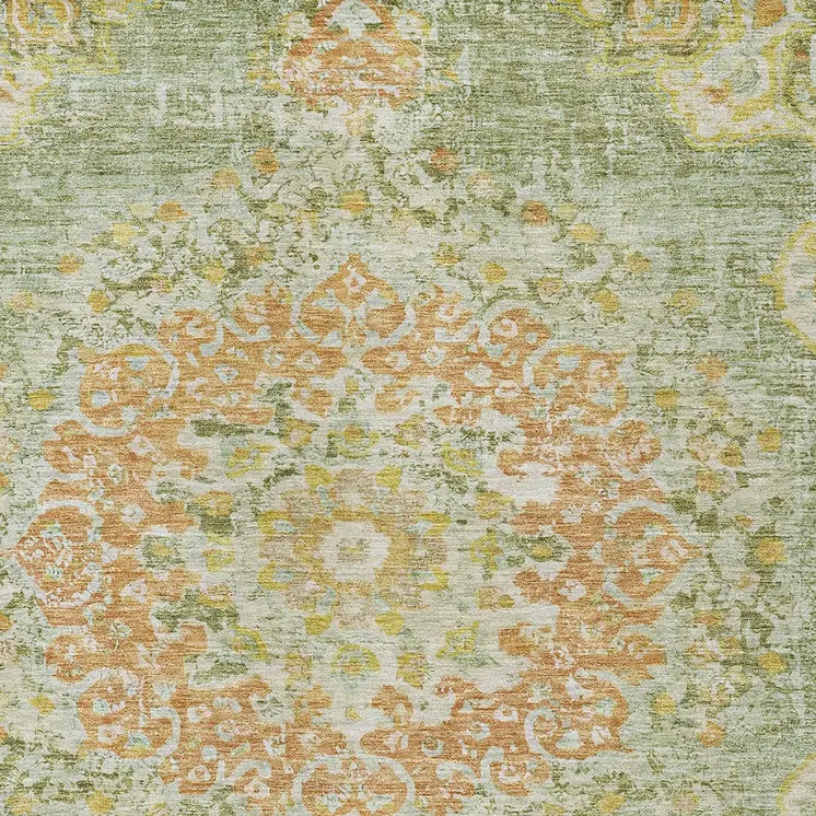 9' X 12' Artichoke Green Floral Medallion Washable Indoor Outdoor Area Rug