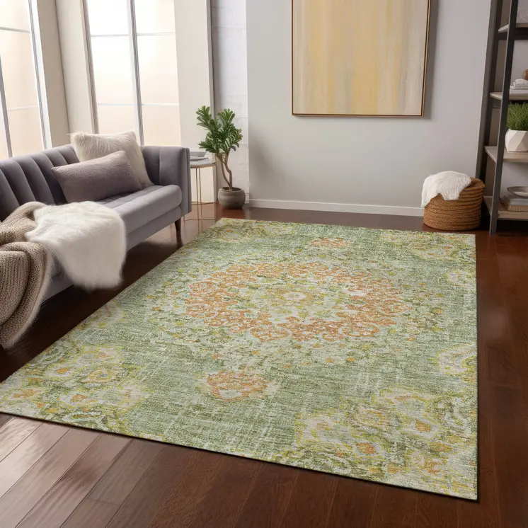 9' X 12' Artichoke Green Floral Medallion Washable Indoor Outdoor Area Rug