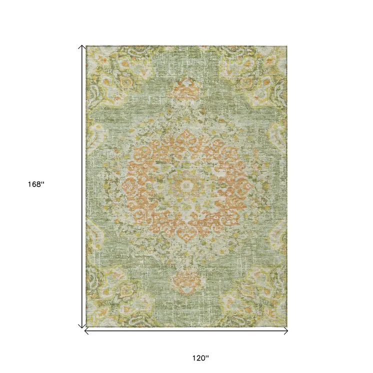 10' X 14' Artichoke Green Floral Medallion Washable Indoor Outdoor Area Rug