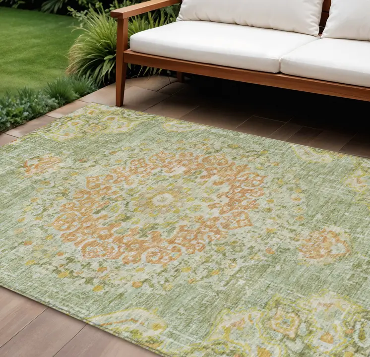 10' X 14' Artichoke Green Floral Medallion Washable Indoor Outdoor Area Rug