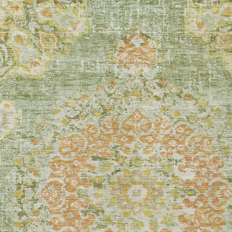 10' X 14' Artichoke Green Floral Medallion Washable Indoor Outdoor Area Rug