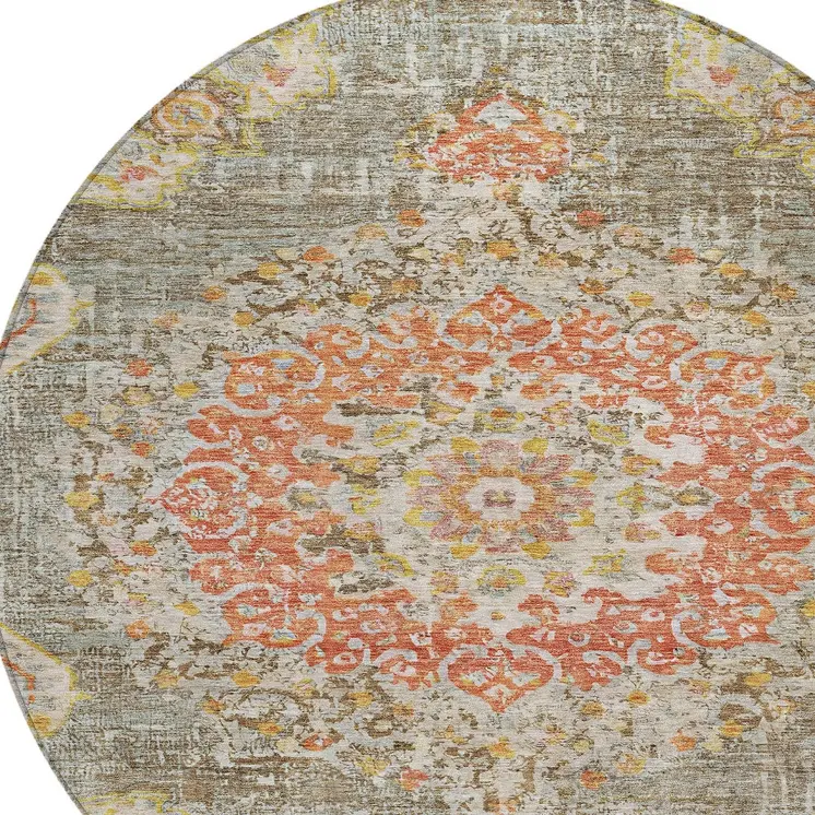 8' Brown Round Floral Medallion Washable Indoor Outdoor Area Rug