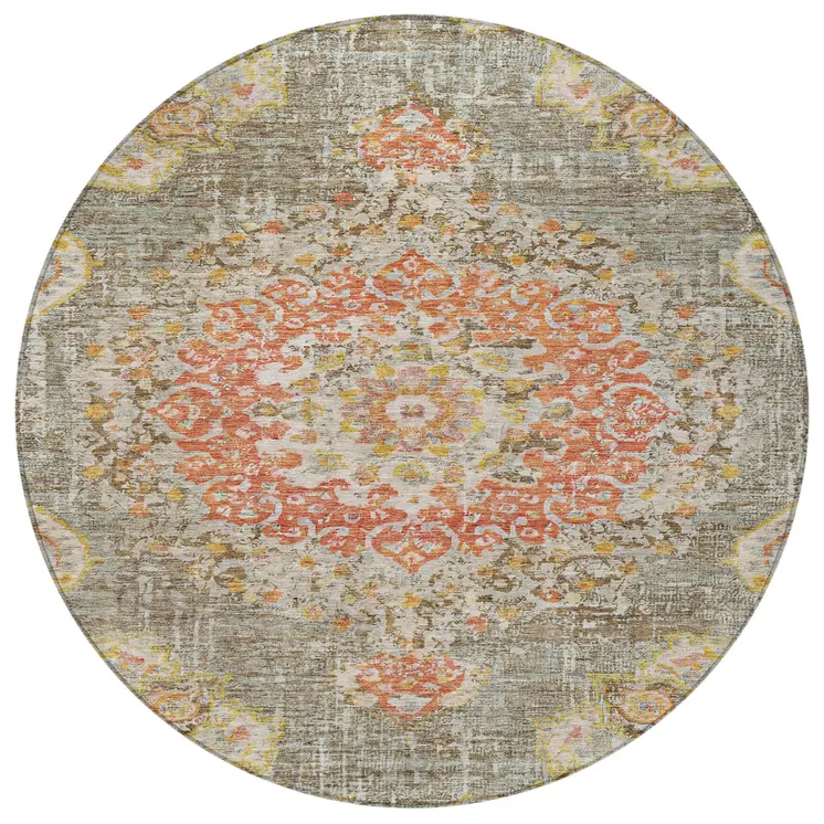 8' Brown Round Floral Medallion Washable Indoor Outdoor Area Rug