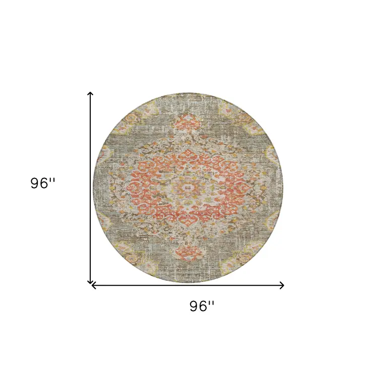 8' Brown Round Floral Medallion Washable Indoor Outdoor Area Rug