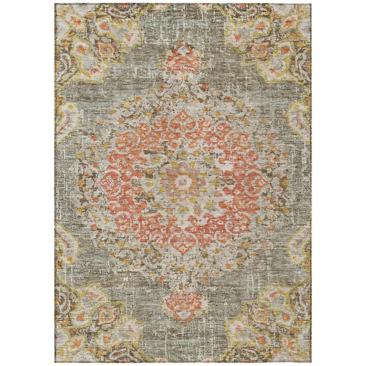 8' X 10' Brown Floral Medallion Washable Indoor Outdoor Area Rug