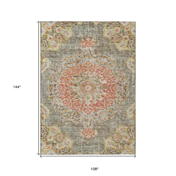9' X 12' Brown Floral Medallion Washable Indoor Outdoor Area Rug