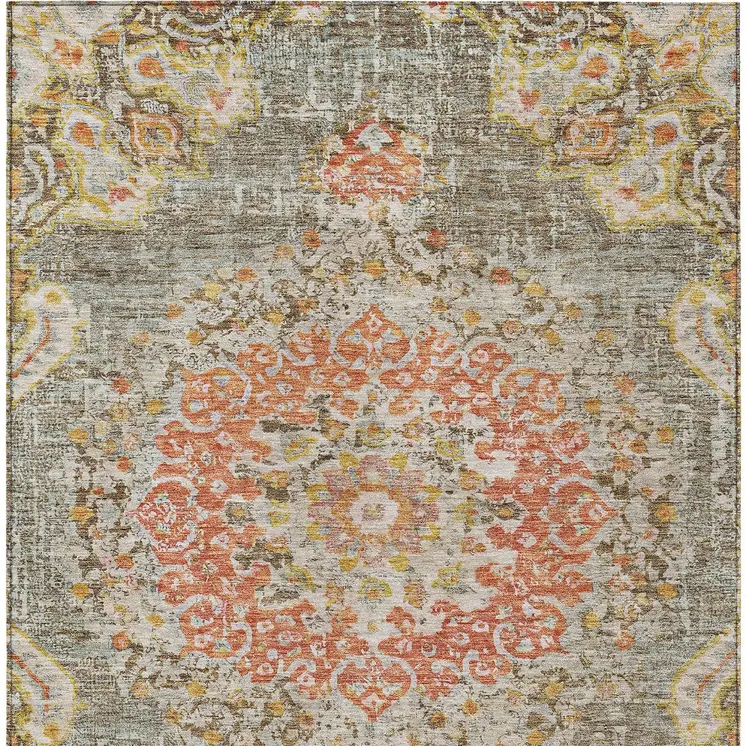 9' X 12' Brown Floral Medallion Washable Indoor Outdoor Area Rug