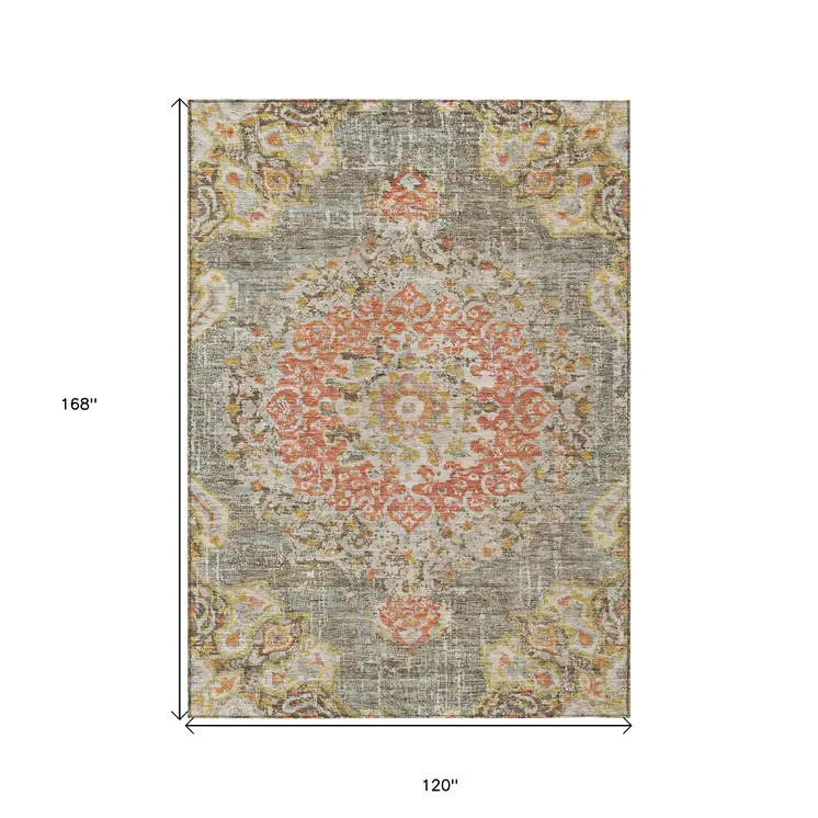 10' X 14' Brown Floral Medallion Washable Indoor Outdoor Area Rug