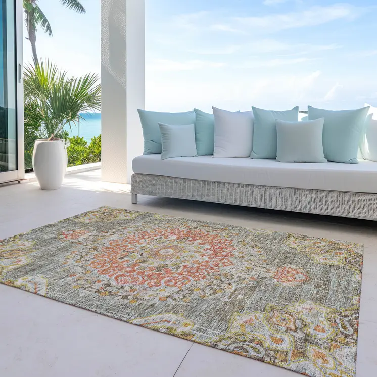 10' X 14' Brown Floral Medallion Washable Indoor Outdoor Area Rug