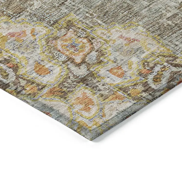 10' X 14' Brown Floral Medallion Washable Indoor Outdoor Area Rug