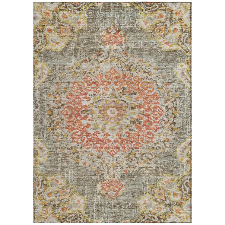 10' X 14' Brown Floral Medallion Washable Indoor Outdoor Area Rug
