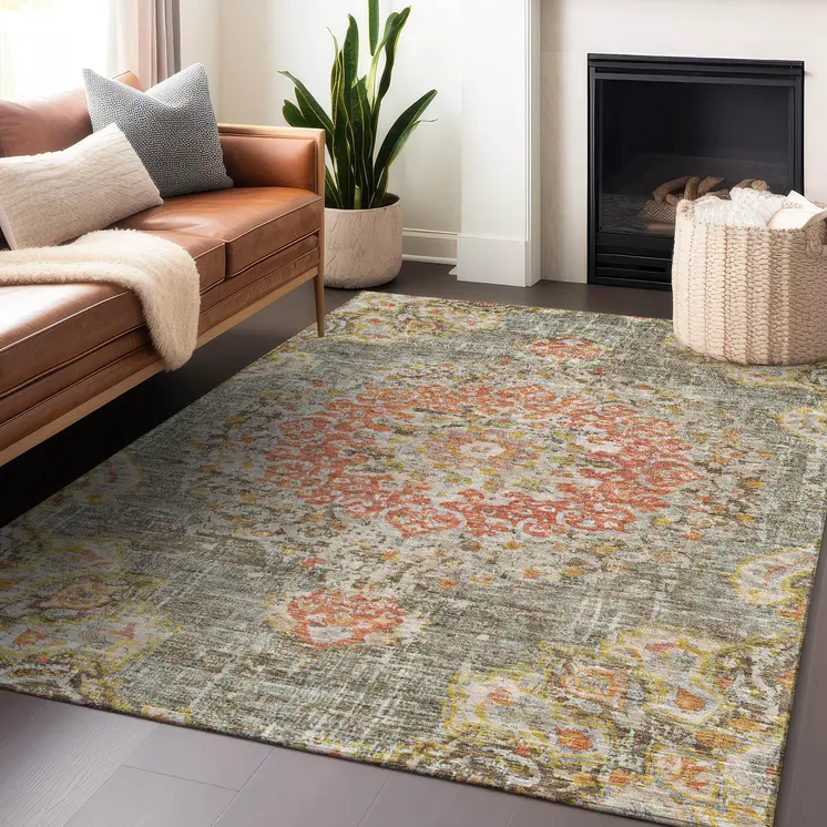 10' X 14' Brown Floral Medallion Washable Indoor Outdoor Area Rug