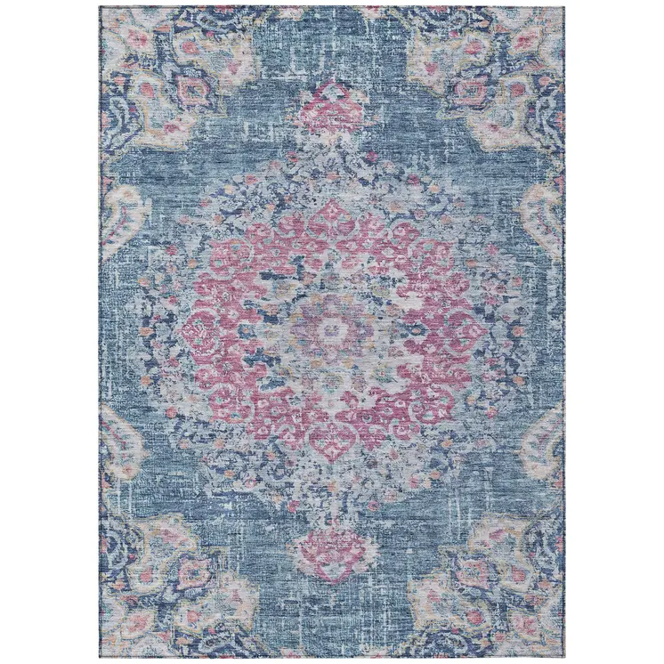 3' X 5' Blue Floral Medallion Washable Indoor Outdoor Area Rug