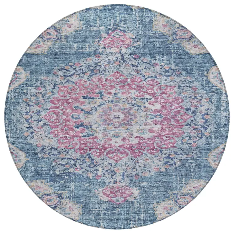8' Blue Round Floral Medallion Washable Indoor Outdoor Area Rug