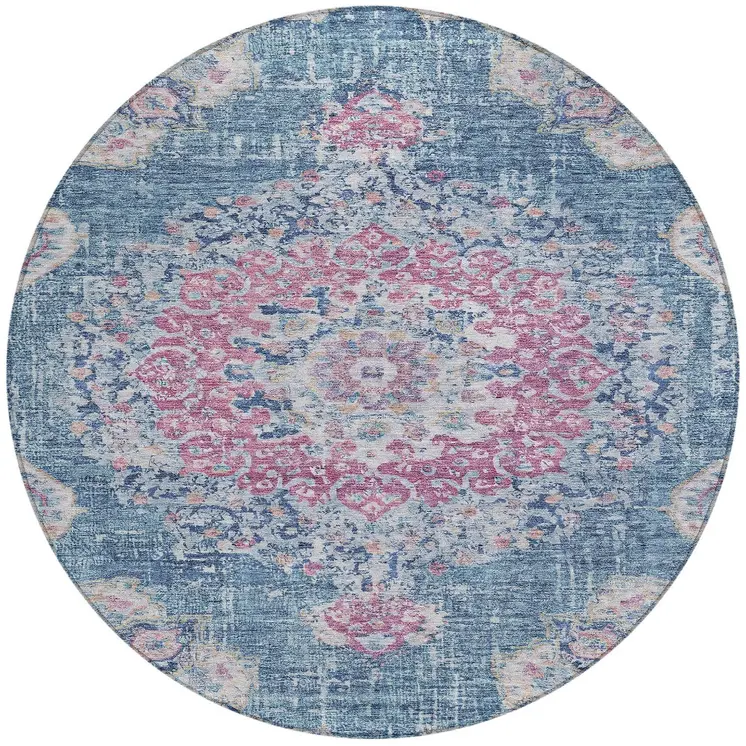 8' Blue Round Floral Medallion Washable Indoor Outdoor Area Rug