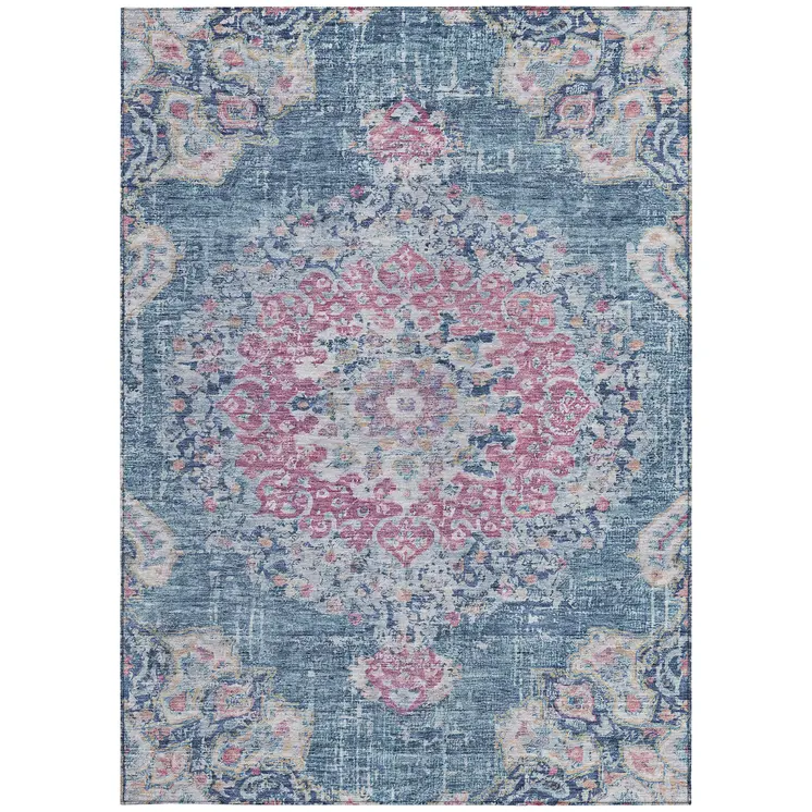 10' X 14' Blue Floral Medallion Washable Indoor Outdoor Area Rug