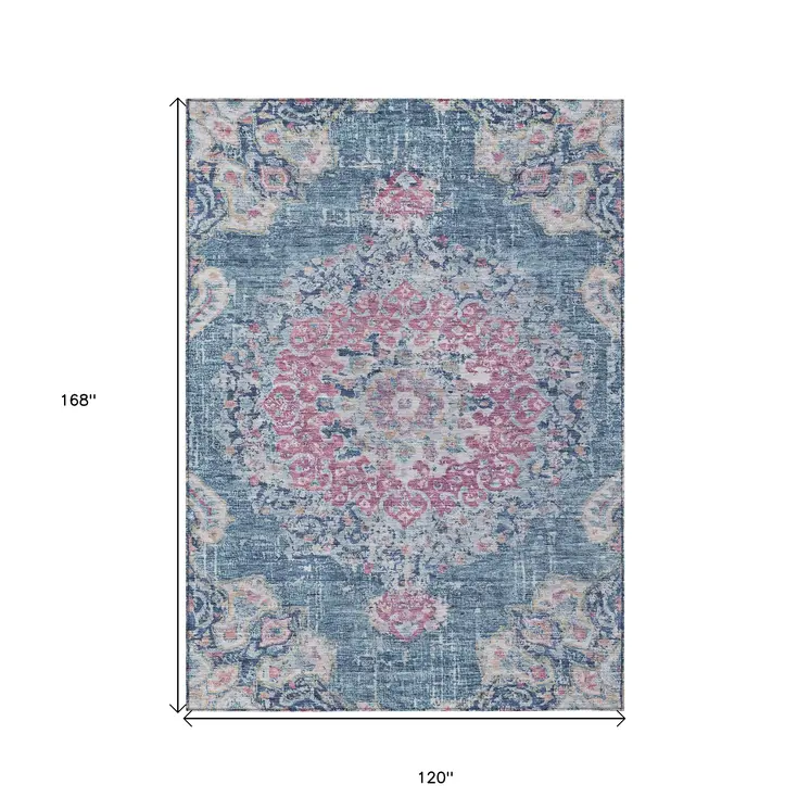 10' X 14' Blue Floral Medallion Washable Indoor Outdoor Area Rug