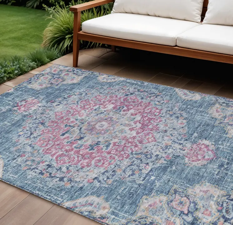 10' X 14' Blue Floral Medallion Washable Indoor Outdoor Area Rug