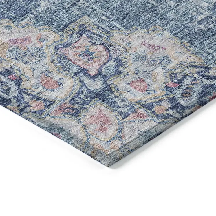 10' X 14' Blue Floral Medallion Washable Indoor Outdoor Area Rug
