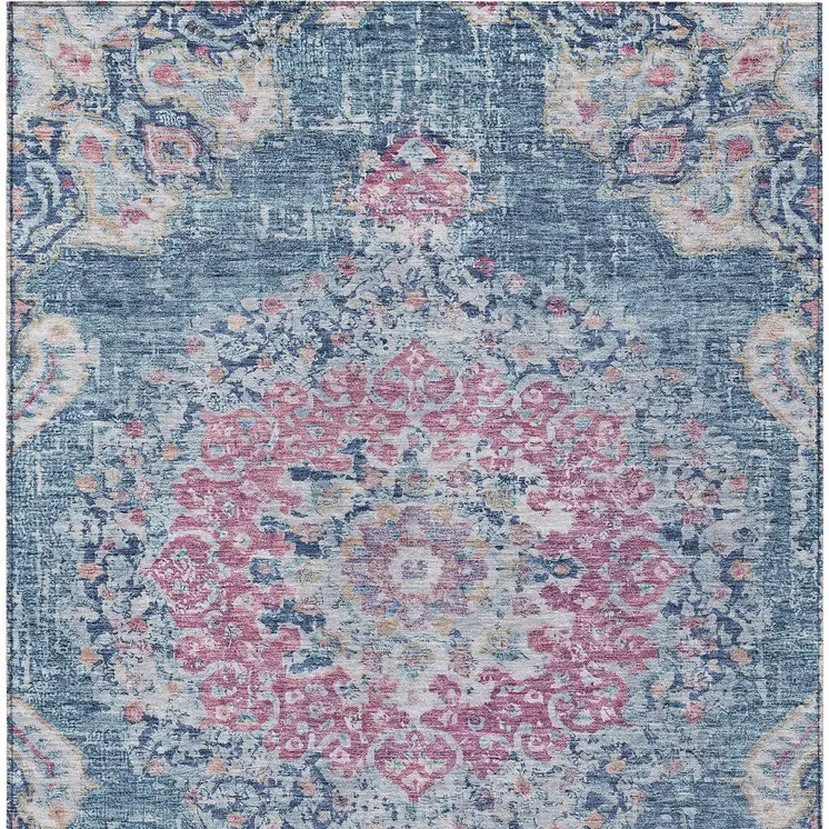 10' X 14' Blue Floral Medallion Washable Indoor Outdoor Area Rug
