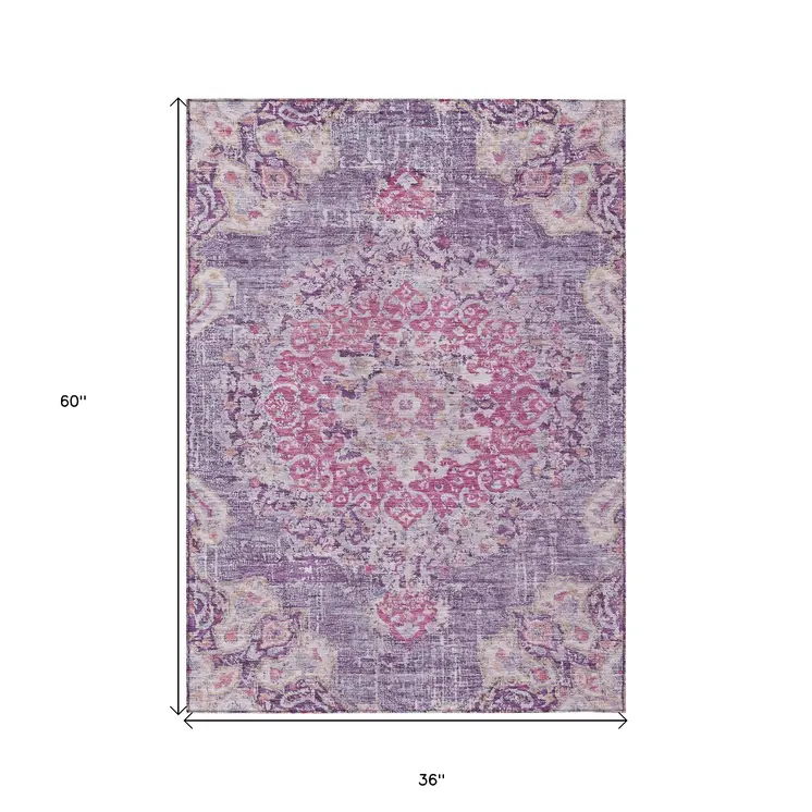 3' X 5' Purple Floral Medallion Washable Indoor Outdoor Area Rug
