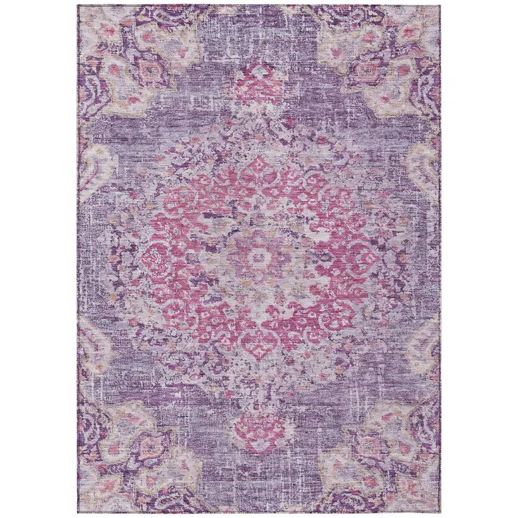 3' X 5' Purple Floral Medallion Washable Indoor Outdoor Area Rug