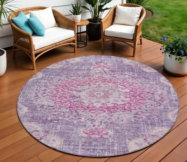 8' Purple Round Floral Medallion Washable Indoor Outdoor Area Rug