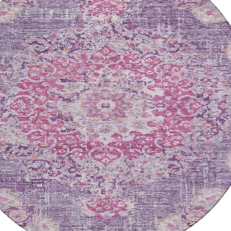 8' Purple Round Floral Medallion Washable Indoor Outdoor Area Rug