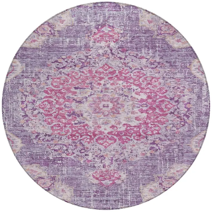 8' Purple Round Floral Medallion Washable Indoor Outdoor Area Rug