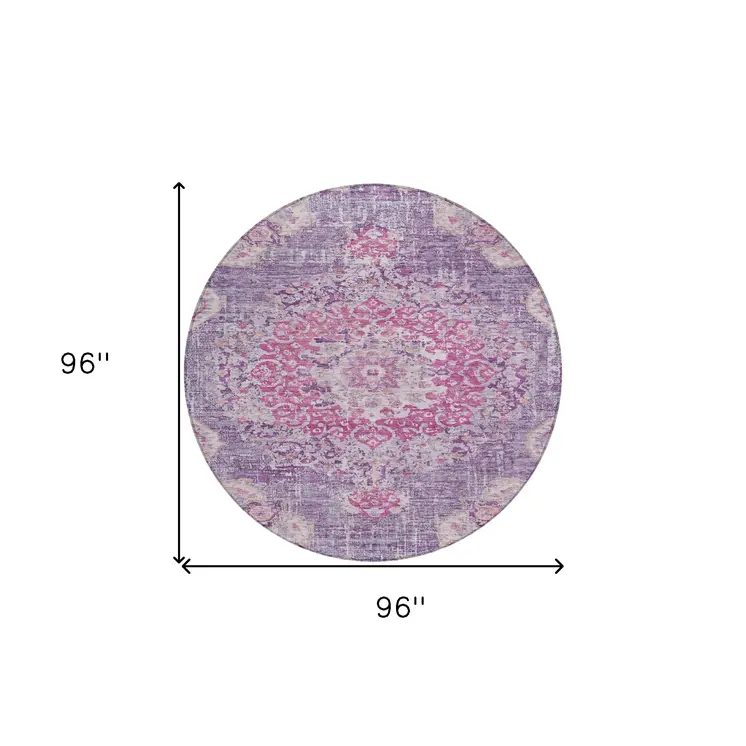 8' Purple Round Floral Medallion Washable Indoor Outdoor Area Rug