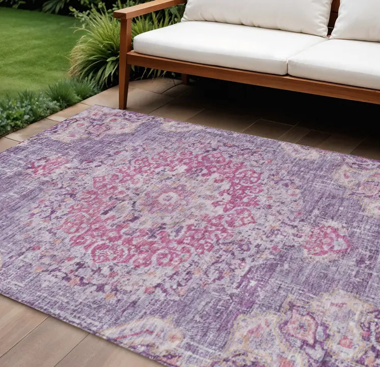 9' X 12' Purple Floral Medallion Washable Indoor Outdoor Area Rug